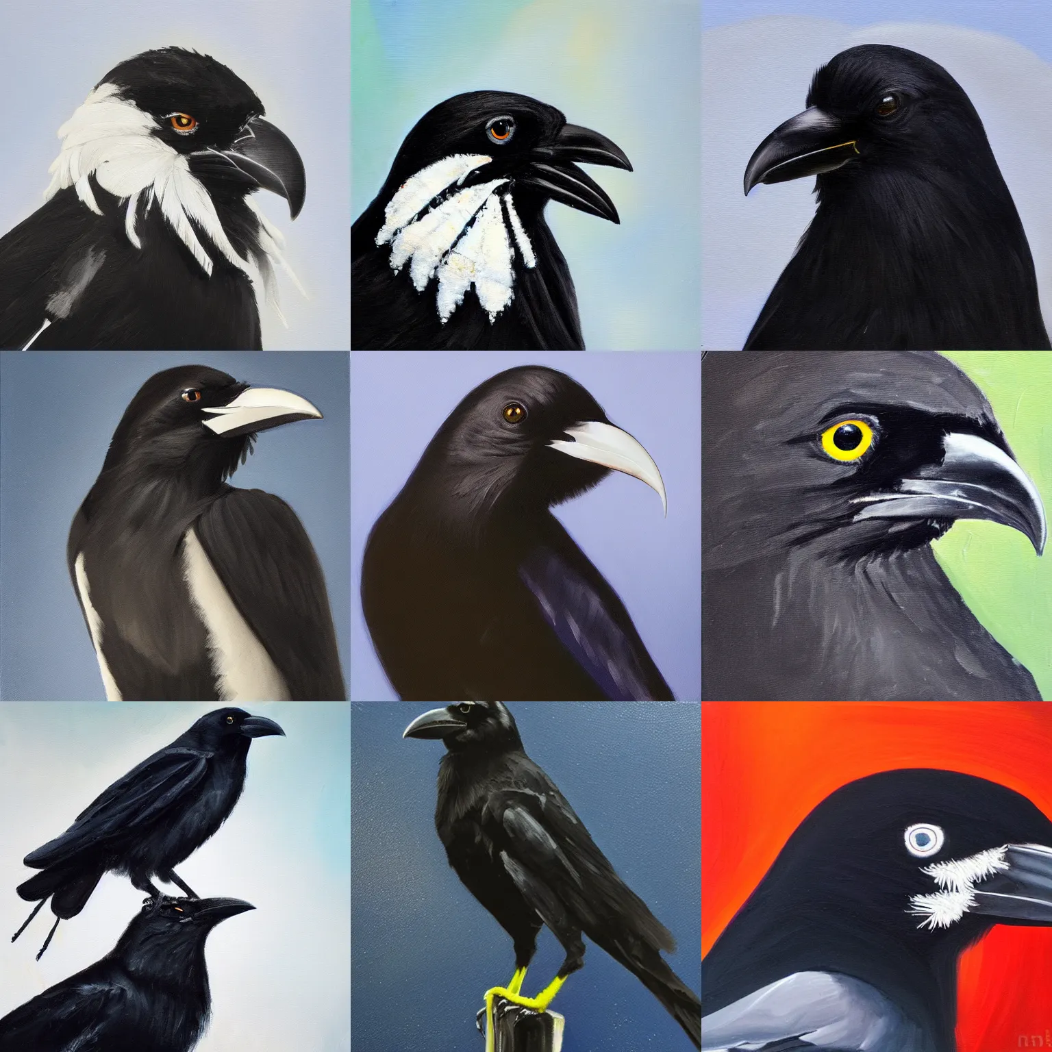 Prompt: closeup of a crow with white feathers, high contrast, oil paint, extremely detailed