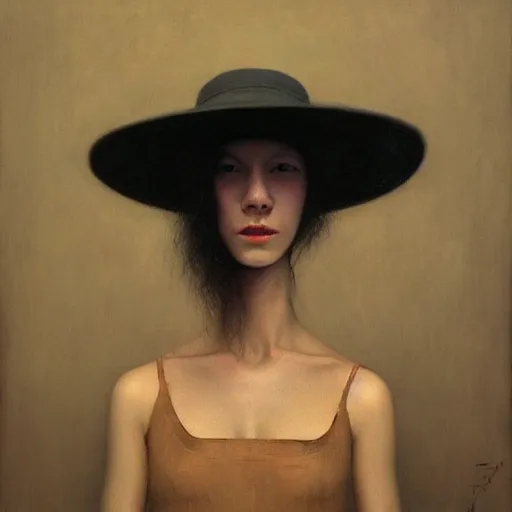 Prompt: portrait of young female with pale white skin and short black hairs, full body, she is in hat, painting by Beksinski