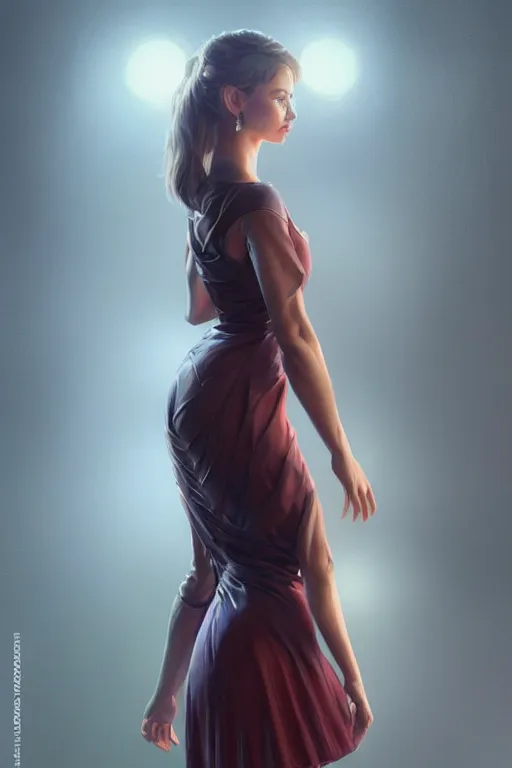 Prompt: full body photo of a gorgeous young woman wearing a dress in the style of stefan kostic, realistic, sharp focus, 8k high definition, insanely detailed, cinematic lighting, concept art intricate, elegant, art by stanley lau and artgerm
