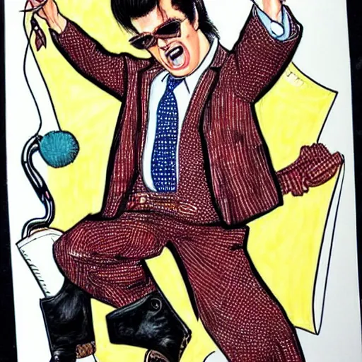 Image similar to The Artwork of R. Crumb and his Cheap Suit Elvis Impersonator, pencil and colored marker artwork, trailer-trash lifestyle