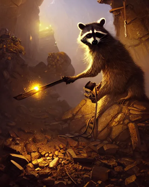 Prompt: oil painting of raccoon mining gold with pickaxe, close shot, full body, dark steampunk mine shaft background, sharp focus, fantasy style, octane render, volumetric lighting, 8k high definition, by greg rutkowski, highly detailed, trending on art Station, dungeons and dragons artwork, centered