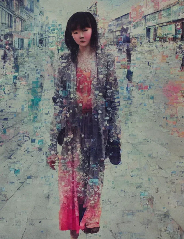 Prompt: dressed korean girl walking the street, redshift, wide high angle view, coloured polaroid photograph with flash, kodak film, hyper real, stunning moody cinematography, anamorphic lenses, by maripol, fallen angels by wong kar - wai, style of suspiria and neon demon and bahnhof zoo, detailed, oil on canvas, glitch datamosh