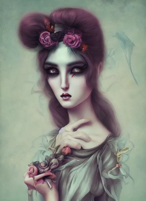 Prompt: pop surrealism, lowbrow art, realistic cute seductive female painting, romantic gown, hyper realism, muted colours, rococo, dorian clevenger, natalie shau tom bagshaw, mark ryden, trevor brown style,