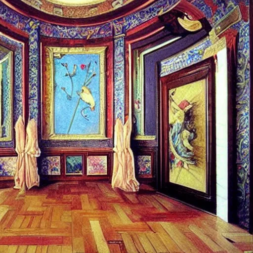 Prompt: giant mansion room with walls filled with modern art paintings, doors that are cosmic portals, painting by Botticelli