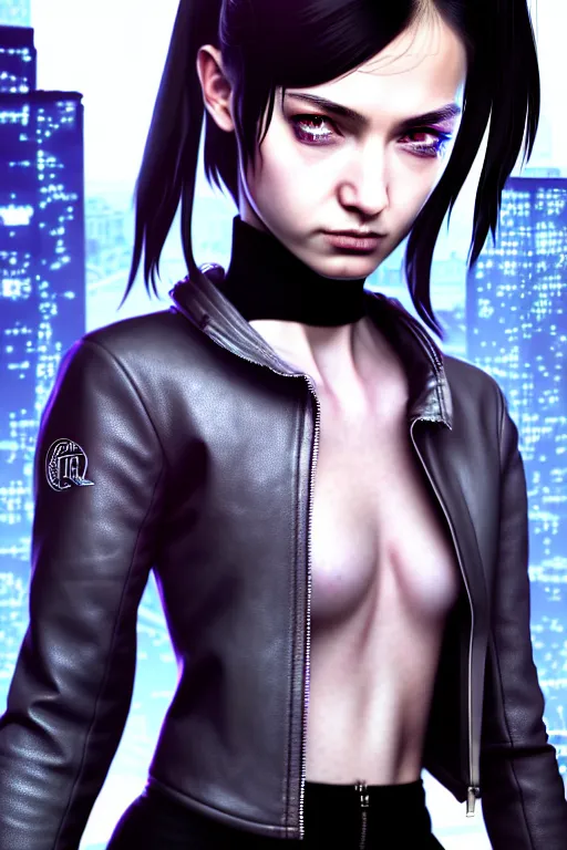 Prompt: hyperdetailed very close portrait of a european sixteen years old woman with grey eyes in a leather suit with a pin in a cyberpunk city inspired by ross tran and wlop and masamune shirow and kuvshinov, concept art, intricate, photorealistic, octane render, rtx, hdr, unreal engine, dnd digital art by artgerm