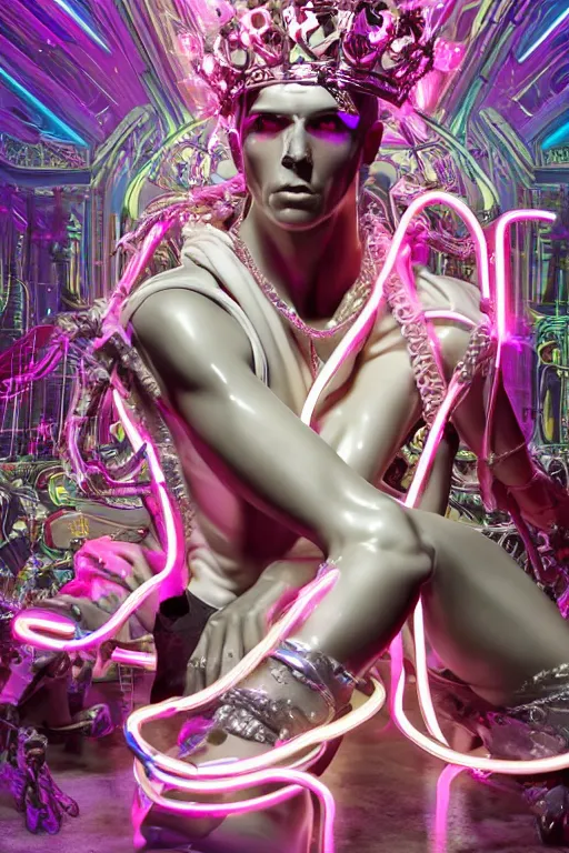 Image similar to full-body rococo and cyberpunk style neon statue of a young attractive Cubano macho dotado e rico android sim roupa reclining con las piernas abertas e la piroca dura, glowing white laser eyes, prince crown of pink gears, diamonds, swirling silver-colored silk fabric. futuristic elements. full-length view. space robots. human skulls. intricate artwork by caravaggio. Trending on artstation, octane render, cinematic lighting from the right, hyper realism, octane render, 8k, depth of field, 3D
