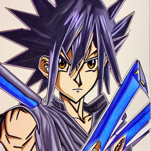 Image similar to portrait anime, manga drawing of yugi muto battles sauron, yu - gi - oh art