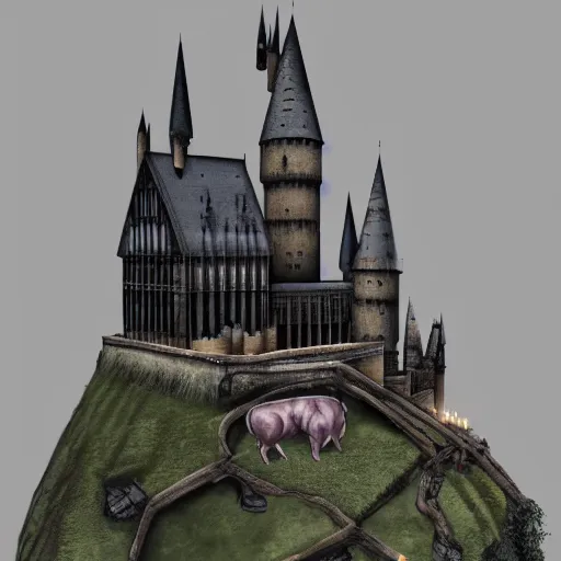 Image similar to harry potter as a pig, hogwarts castle, floating candles, trending on artstation, 8 k