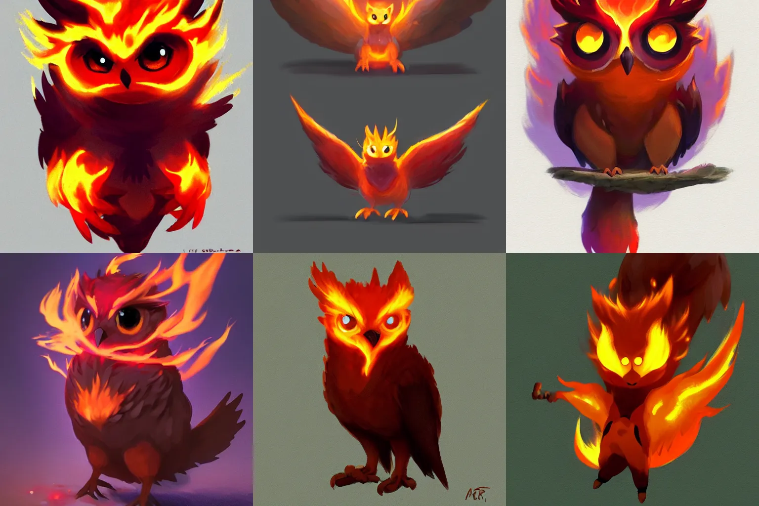 Prompt: full shot,a cute fire owl Pokémon with big eyes made of flame,Greg Rutkowski,trending on artstation,High contrast,Light and shadow, High detail