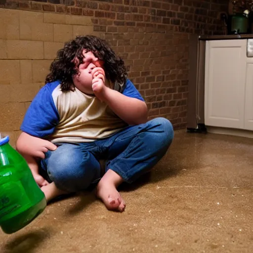 Image similar to flash photography of chubby teenage boy with long curly brown hair vomiting, and flooding the basement he is sitting in with vomit