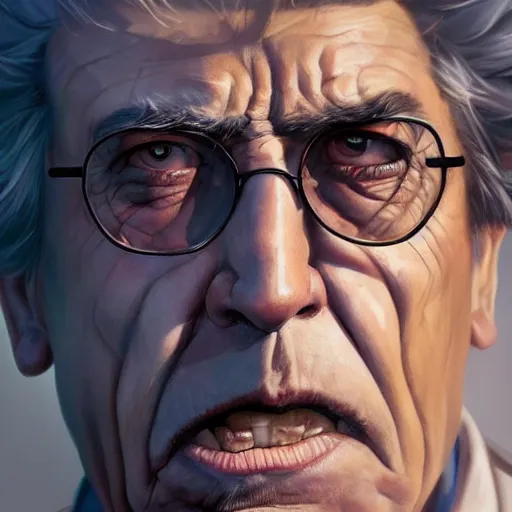 Prompt: rick sanchez closeup portrait, dramatic light, lake background, 2 0 0 mm focal length, painted by stanley lau, painted by greg rutkowski, painted by stanley artgerm, digital art, trending on artstation