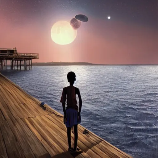 Prompt: A 14-year-old Sudanese girl, standing on the end of a pier in Indonesia, watching Mars appear above the setting sun, low angle, beautiful digital art by Greg Rutkowski