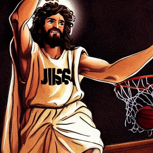 Image similar to Jesus wearing robes dunks a ball in the net while in a basketball court alone , hd