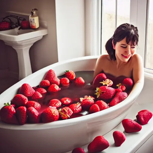 Image similar to bath filled with strawberries, woman sitting inside