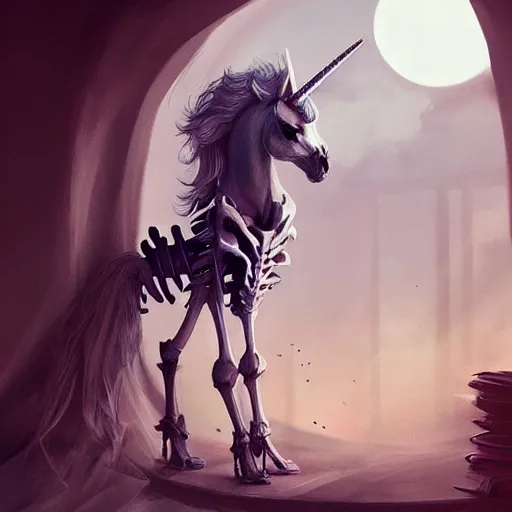 Image similar to a unicorn skeleton standing next to an open window, dramatic lighting, cinematic, artstation
