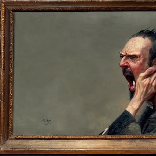 Image similar to an angry man yells at his computer monitor, oil on canvas, 1 8 8 3, highly detailed