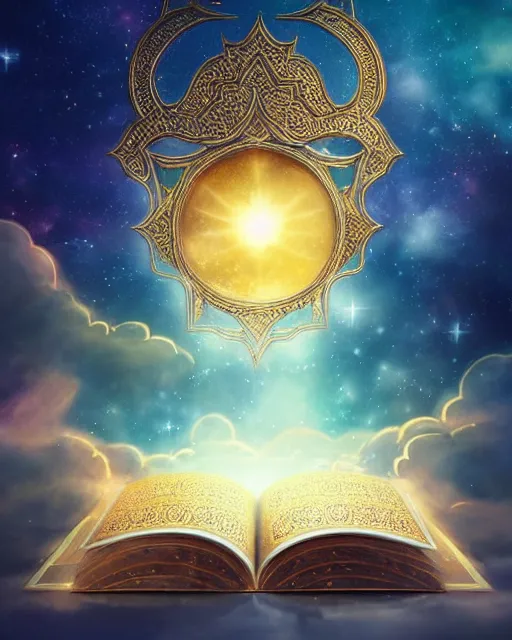 Image similar to the quran descending from the galaxy into clouds highly detailed, gold filigree, romantic storybook fantasy, soft cinematic lighting, award, pastel color palette, featured on artstation, digital art