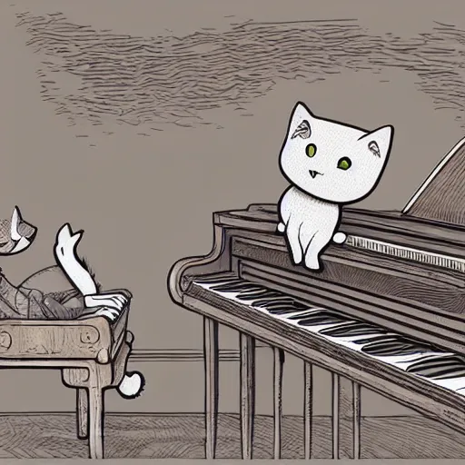 Image similar to cute cartoon cat playing the piano, style of moebius, james jean, mcbess, cinematic, highly detailed, award winning, 8 k photorealistic