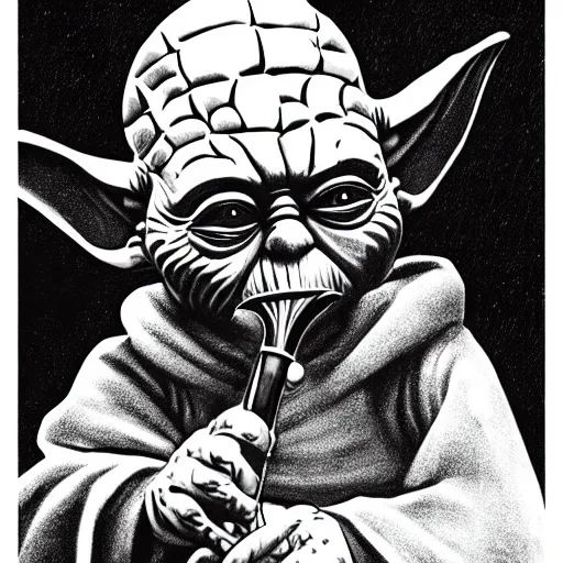 Prompt: Ink illustration Yoda playing the shofar, high contrast, trending on artstation