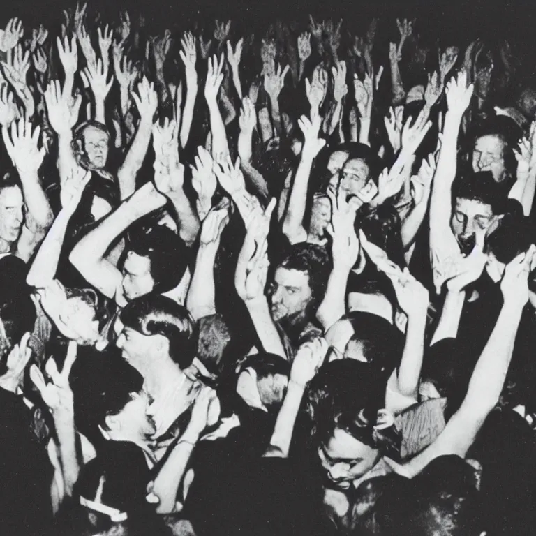 Prompt: “Techno house rave, people dancing around gigantic ENIAC supercomputer, hands up, 1930's, antique photo”