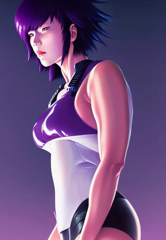 Image similar to a fullbody portrait of motoko kusanagi the major ghost in the shell : : connected to cables, under repairs, maintenance area, technicians : : by ilya kuvshinov, rossdraws, artgerm, sola digital arts, anti aliasing, raytracing : :