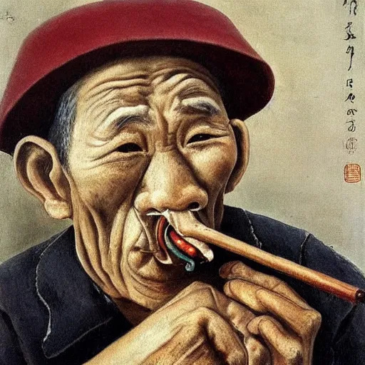 Prompt: a sad old chinese man with his pipe in his mouth, high quality, high resolution,detailed, oil painting by otto dix (1921)