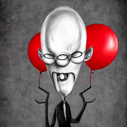 Prompt: surrealism grunge cartoon portrait sketch of slender man with a wide smile and a red balloon by - michael karcz, loony toons style, slender man style, horror theme, detailed, elegant, intricate