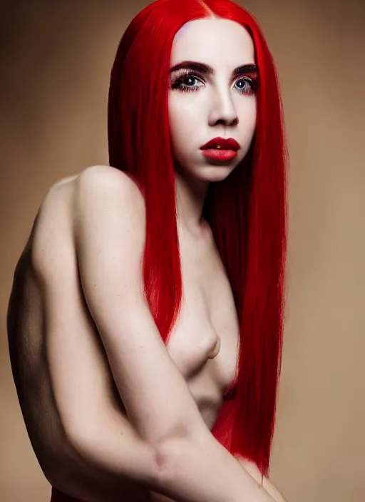 Image similar to ava max bright red hair photographed by charlotte rutherford, canon, highly realistic. high resolution. highly detailed. dramatic. 8 k. 4 k.