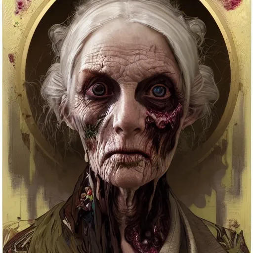 Prompt: elderly zombie woman, intricate, art by artgerm and greg rutkowski and alphonse mucha and william - adolphe bouguereau, high detailed, 4 k,