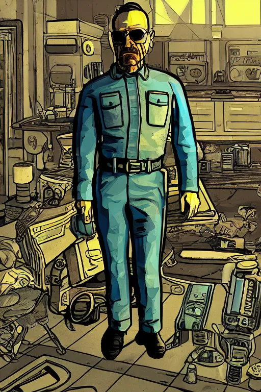 Image similar to fallout 4 retro futurist illustration art of walter white, highly detailed,