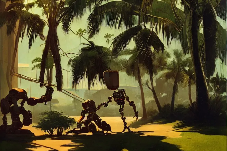 Image similar to natural american landscape | robot repairing another robot | palm trees, painting by syd mead and weta studio and james jean, frank frazetta, highly detailed, rule of third, soft lighting, 8 k resolution, oil on canvas, architectural magazine, beautiful detailed, insanely intricate details, artstation trending, hypermaximalistic, high details, cinematic