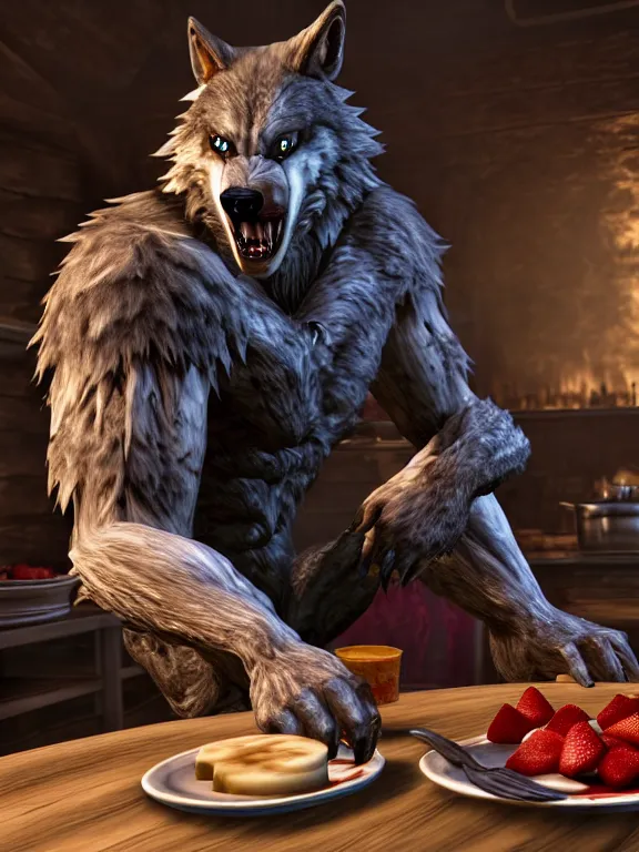 Prompt: cute handsome cuddly burly surly relaxed calm timid werewolf from van helsing sitting down at the breakfast table in the kitchen of a normal suburban home wearing apron having fun baking strawberry tart cakes unreal engine hyperreallistic render 8k character concept art masterpiece screenshot from the video game the Elder Scrolls V: Skyrim