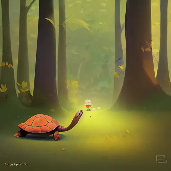 Image similar to Goro Fujita ilustration a cute turtle happily walking through the forest, painting by Goro Fujita, sharp focus, highly detailed, ArtStation