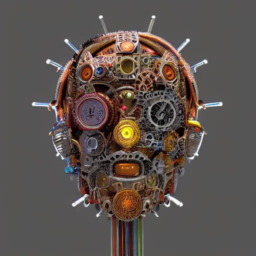 Image similar to a glossy claymodel of a steampunk aztec futuristic robot head, top of the head is made of gears and wires and multicolored glowing tubes, eyes are multicolored led screen, 8 k, front shot, symetrical, flourescent colors, halluzinogenic, multicolored, insanely detailed, 3 d render, octane