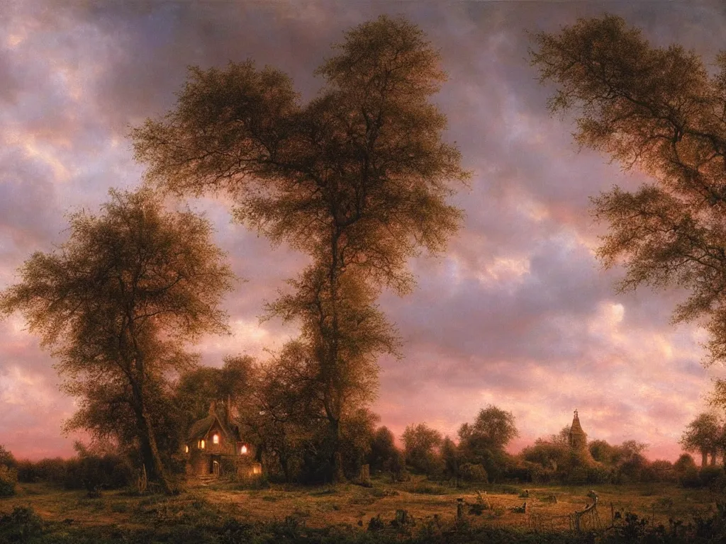 Image similar to a witchhouse in a woodland, evening mood, pink clouds in the evening sky, by clive madgwick