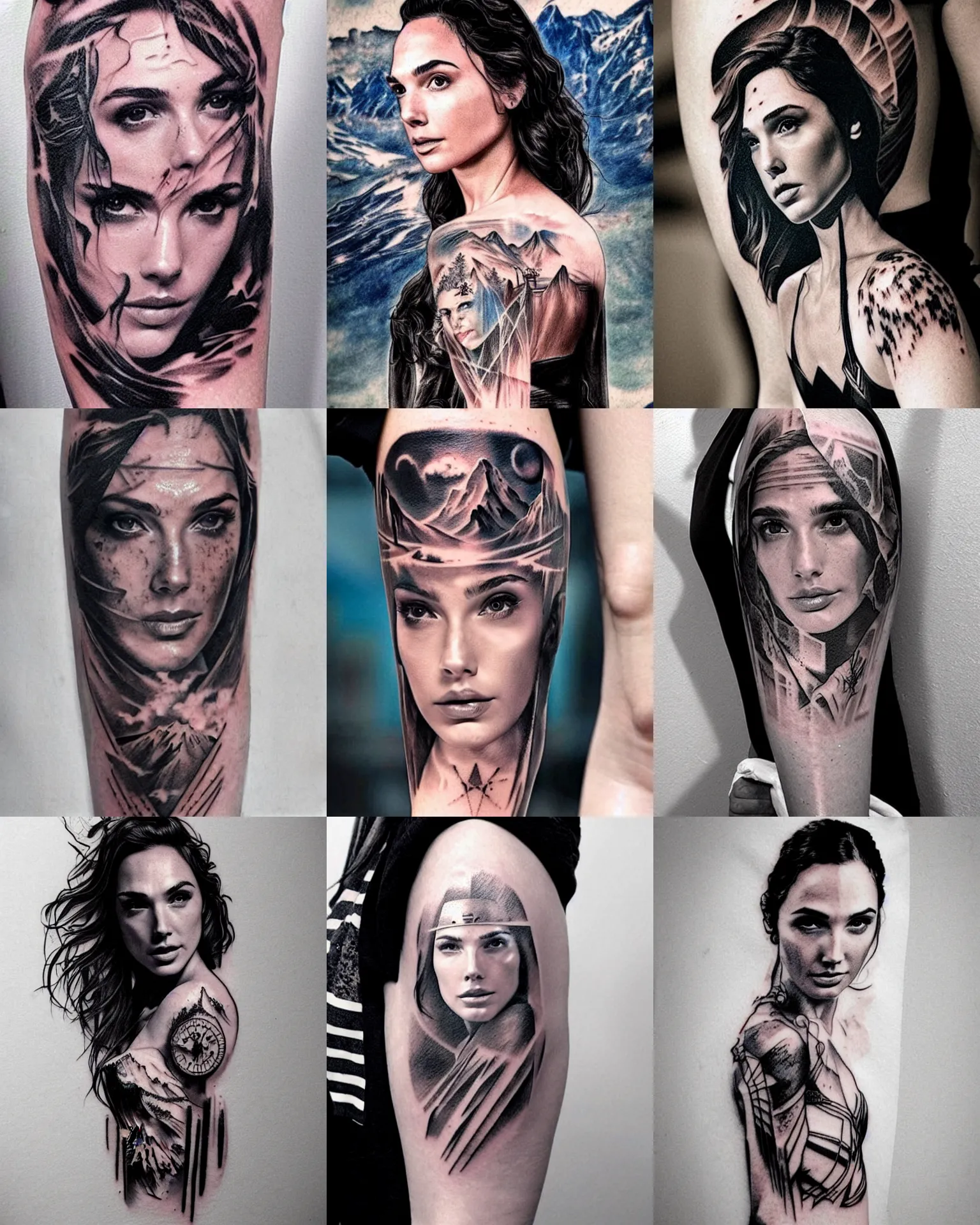 Image similar to creative double exposure effect tattoo design sketch of beautiful gal gadot faded with beautiful mountain scenery, realism tattoo, in the style of matteo pasqualin, amazing detail, sharp