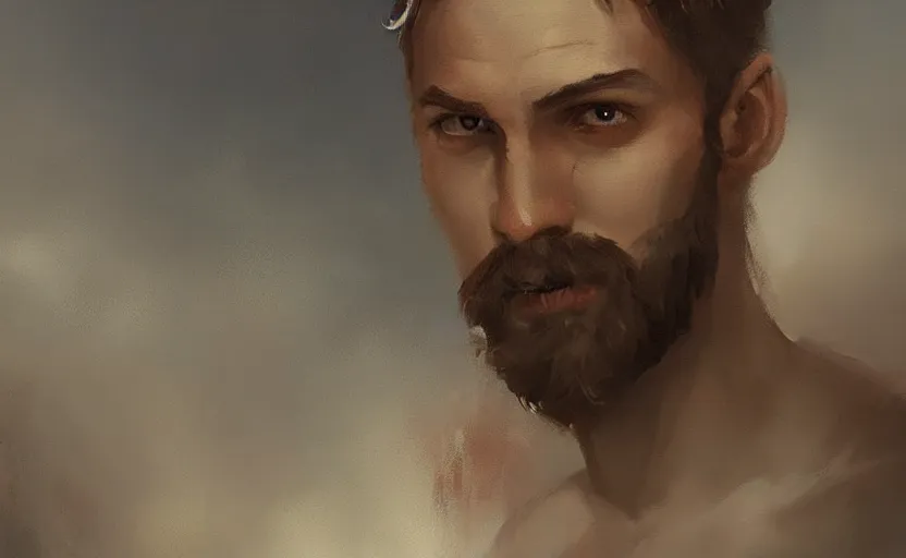 Image similar to a painting of the all father trending on artstation in the style of greg rutkowski, beautiful, young male, sensual, wise, natural skin, leader, 1 9 0 0 s, industrialization, toga