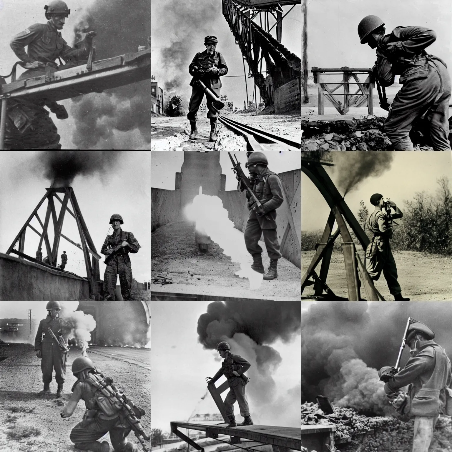 Prompt: a soldier blowing up a bridge, 1 9 4 5
