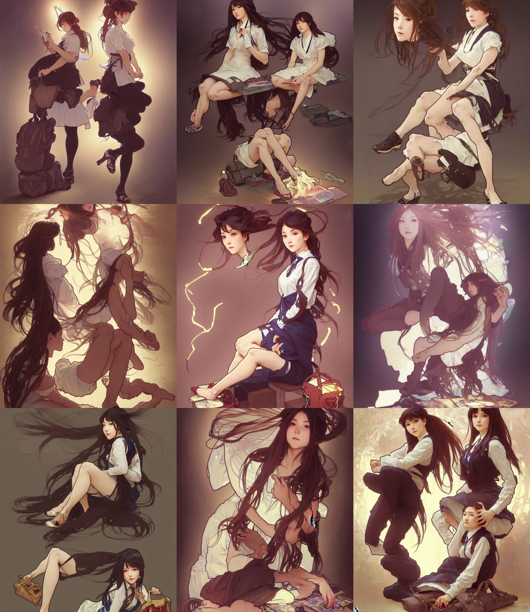 Image similar to a digital concept art by artgerm and greg rutkowski and alphonse mucha. full body!! clear portrait of a squatting attractive japanese school girl in uniform!! sit on heels!! school bag, light effect. hyper detailed, character concept, glowing lights!! intricate, elegant, digital painting, artstation, smooth, sharp focus