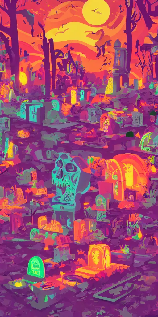 Prompt: cursed multicolored halloween graveyard, tom whalen, james gilleard, liam brazier, tristan eaton