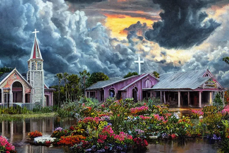 Image similar to hyperrealism, scene from church, thunderstorm, starship, junkyard, louisiana swamps, orange blooming flowers garden, 8 k, 8 0 s japanese sci - fi books art