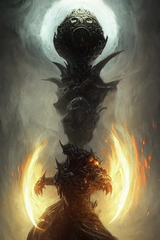 Image similar to Black Orb of Fire, digital art, fantasy, magic, trending on artstation, illustration by Seb McKinnon and Peter Mohrbacher, ultra detailed, atmospheric, powerful presence, bossfight, darksouls, grand finale, explosive entrance, final battle, cutscene, cinematic lighting, beautiful goddess