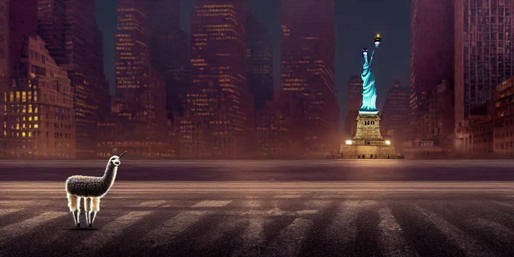 Image similar to a llama walking through a desolate manhattan city street at night, statue of liberty seen in the background, realistic 4 k octane beautifully detailed render, 4 k post - processing, highly detailed, detailed face, intricate complexity, epic composition, magical atmosphere, cinematic lighting, masterpiece, color picture, ultra hd