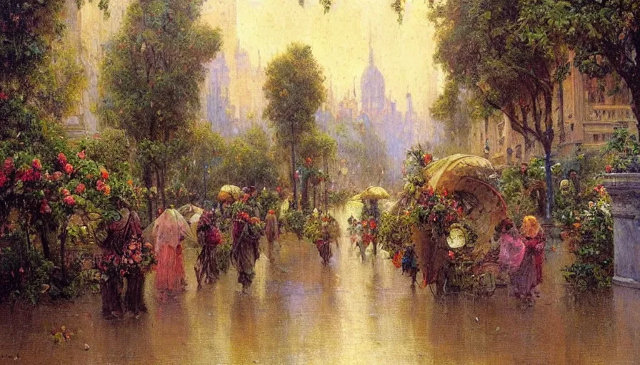 Prompt: city full of flowers, plant and trees, during heavy rain, in the style of Gaston Bussière, Art Nouveau