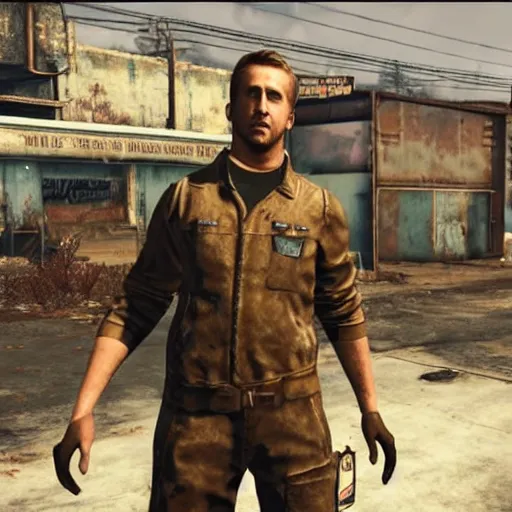 Image similar to ryan gosling in fallout 4 is wearing a raider costume