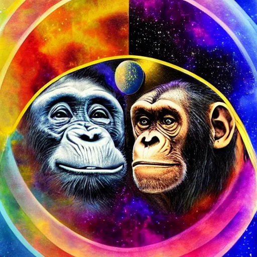 Image similar to double exposure portrait of astronaut and a chimpanzee astronaut with space and time in the the background by davinci, circles, psychedelic, pencil art, high definition, dynamic lighting stars, sharpness, golden ratio