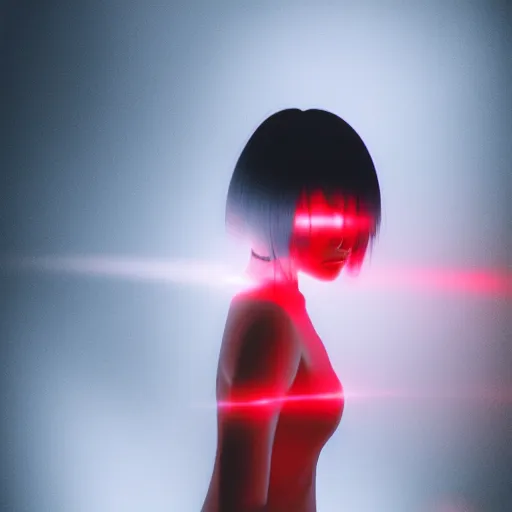 Image similar to photograph of an alternative japanese girl, dark red and white lights, anime influenced, hihgly detailed, hyper realistic, volumentric fog, raytracing