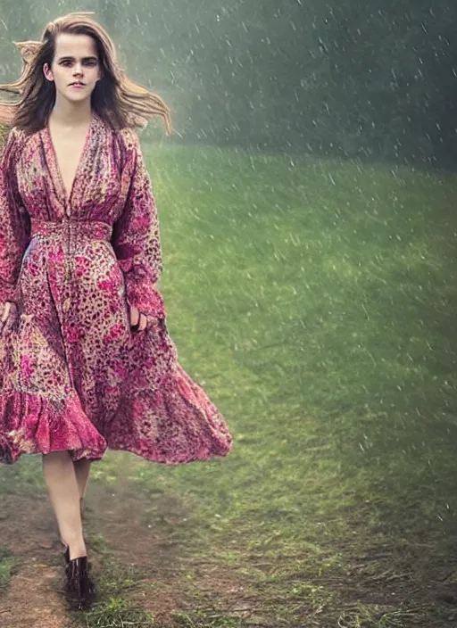 Prompt: Emma Watson for Victorian Secret, perfect face, hot summertime hippie in the rain, psychedelic dress, full length shot, XF IQ4, 150MP, 50mm, f/1.4, ISO 200, 1/160s, natural light, Adobe Photoshop, Adobe Lightroom, DxO Photolab, Corel PaintShop Pro, rule of thirds, symmetrical balance, depth layering, polarizing filter, Sense of Depth, AI enhanced