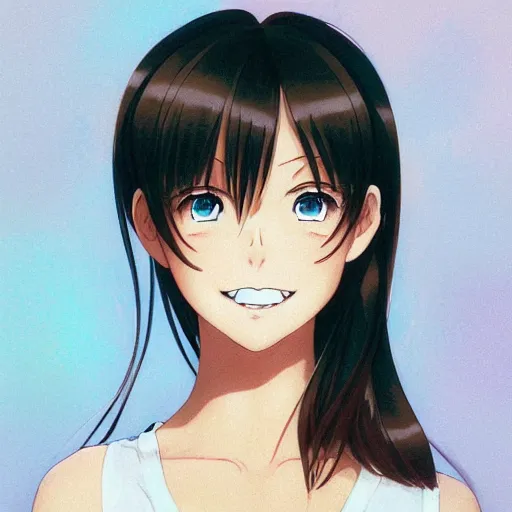 Prompt: A medium shot anime portrait of a happy brunette anime woman, a single short ponytail, parted light brown hair, bare forehead, blue-eyed, blue eyes, big bold thick eyebrows, thick jawline, round face, big round nose, closed lips, wearing a t-shirt, solid blue background, by Stanley Artgerm Lau, WLOP, Rossdraws, James Jean, Andrei Riabovitchev, Marc Simonetti, and Sakimi chan, trending on artstation