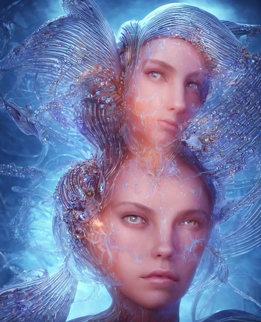 Image similar to epic medieval futuristic close-up macro portrait of the face of a beautiful princess, epic angle and pose, symmetrical artwork, 3d with depth of field, blurred background, cybernetic jellyfish female face skull phoenix bird, translucent, nautilus, energy flows of water and fire. a highly detailed epic cinematic concept art CG render. made in Maya, Blender and Photoshop, octane render, excellent composition, cinematic dystopian brutalist atmosphere, dynamic dramatic cinematic lighting, aesthetic, very inspirational, arthouse. y Greg Rutkowski, Ilya Kuvshinov, WLOP, Stanley Artgerm Lau, Ruan Jia and Fenghua Zhong